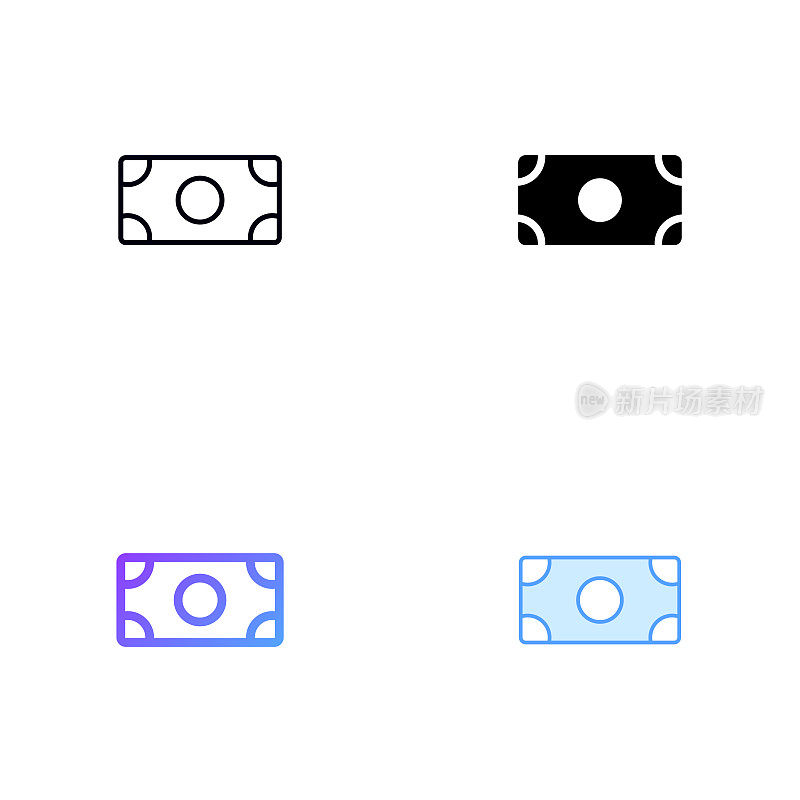 纸币图标设计在四种风格与可编辑的笔画。线，实线，平线和颜色梯度线。适合网页，移动应用，UI, UX和GUI设计。
